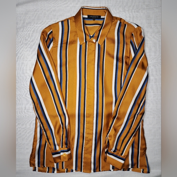 Lafayette 148 New York Womens Adela Silk Blouse, Gold/White/Blue - Picture 9 of 10